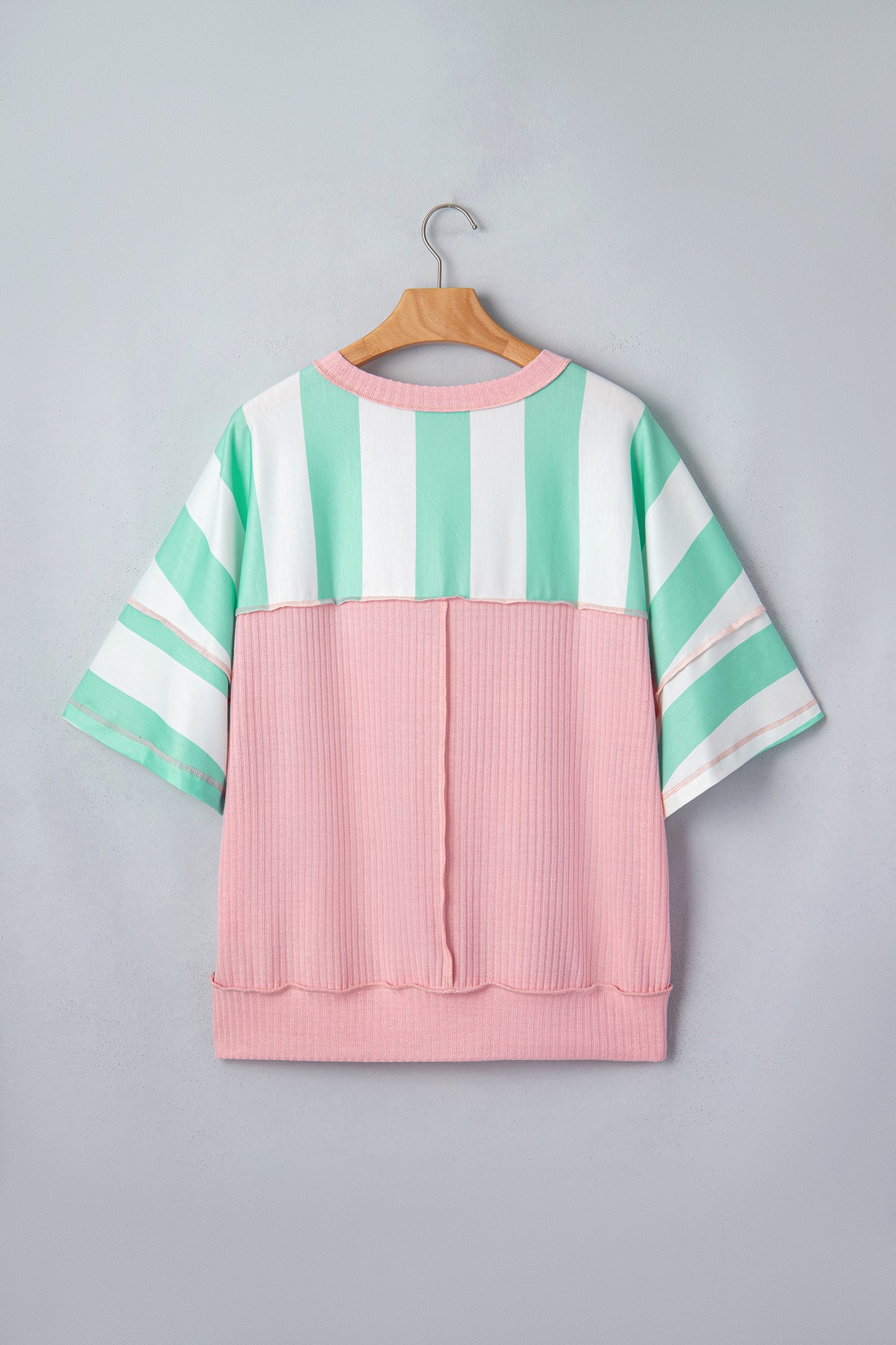 Pink Stripe Exposed Seam Ribbed Patchwork Oversized Tee