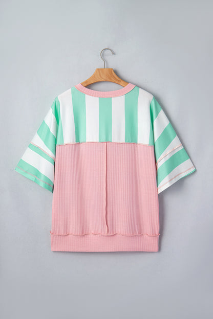 Pink Stripe Exposed Seam Ribbed Patchwork Oversized Tee