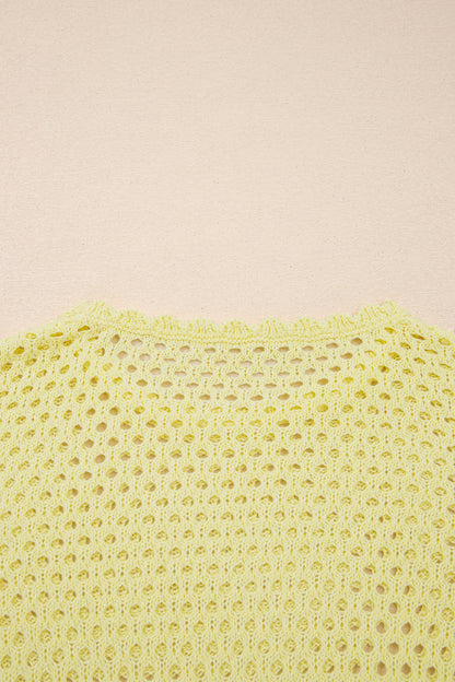 White Scalloped Trim Hollow Out Knit Long Sleeve Top