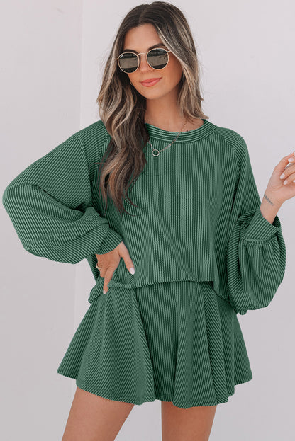 Dark Grey Corded Lantern Sleeve Top High Waist Ruffled Mini Skirt Set