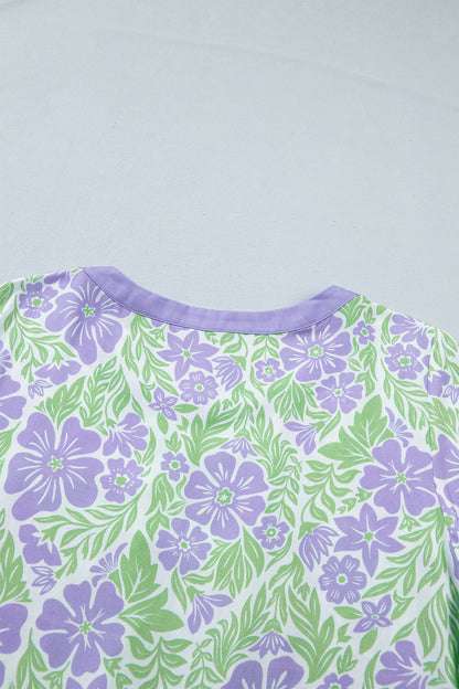 Sky Blue Floral Print Ruffled Color Block Trim Half Sleeve Blouse