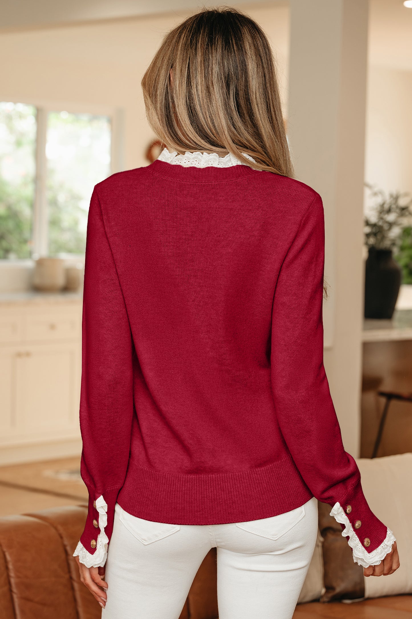 Sleet Lace Trim Patchwork Buttoned Cuffs Loose Sweater