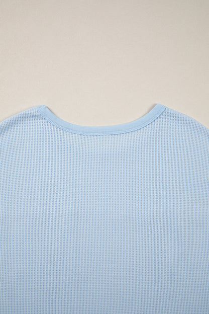 Pink Solid Color Raw Seam Waffled Patchwork Casual T Shirt