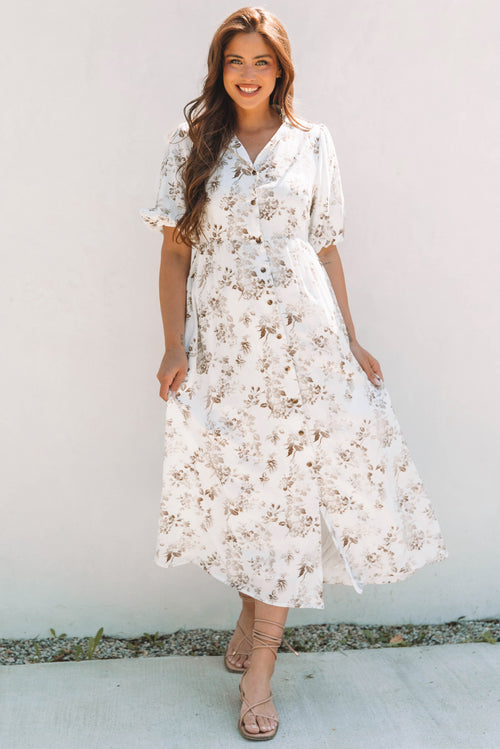 Khaki Floral Puff Sleeve V Neck Buttoned Front Maxi Dress