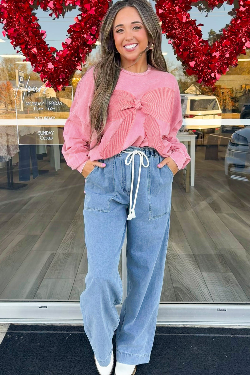 Bright Pink Mineral Wash Big Bow Patchwork Pullover Sweatshirt