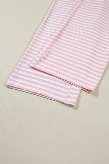 Rose Stripe Drop Shoulder Round Neck Top and Buttoned Straight Pants Two Piece Set