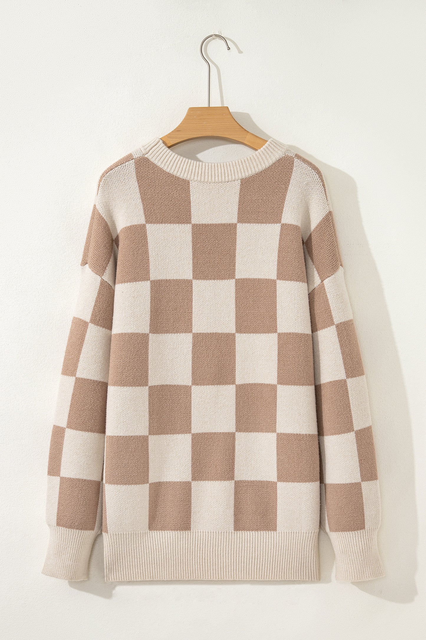 Grapefruit Orange Checkered Pattern Ribbed Trim Knit Baggy Sweater