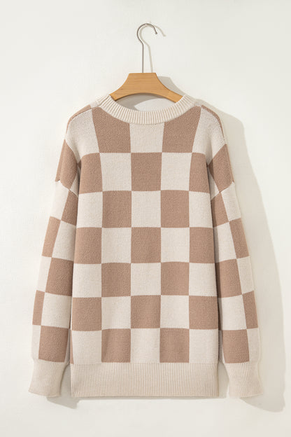 Grapefruit Orange Checkered Pattern Ribbed Trim Knit Baggy Sweater