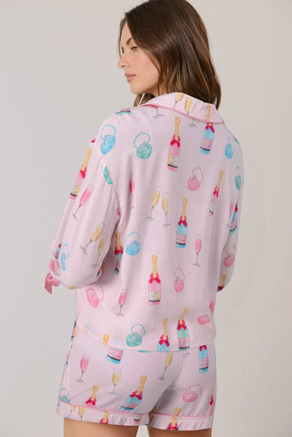 Color black Christmas Wine Glass Print Bow Knot Two Piece Pajama Set