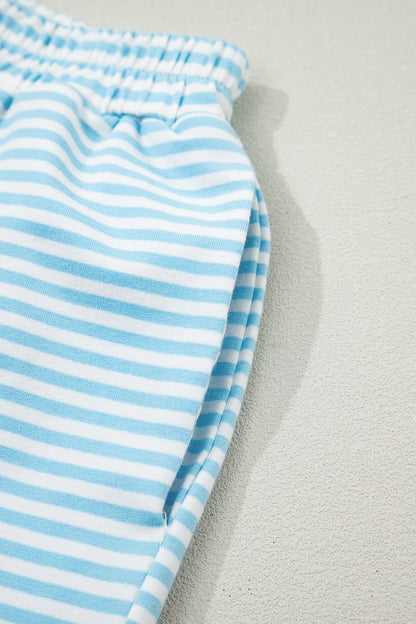 Sky Blue Stripe Oversize Mock Neck Sweatshirt and Shorts Set