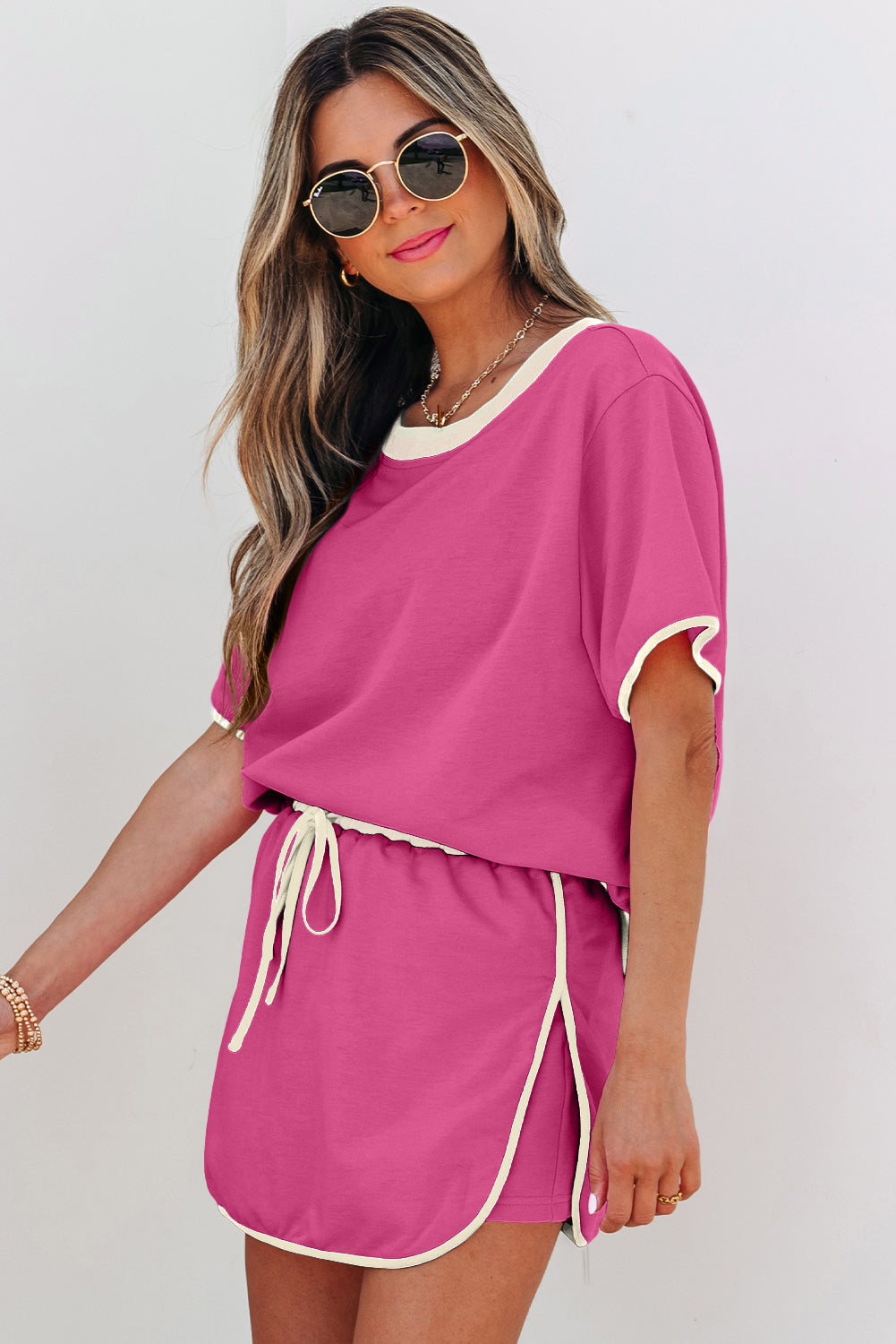 Evergreen Colorblock Edge Drop Shoulder T Shirt and Skort 2Pcs Set