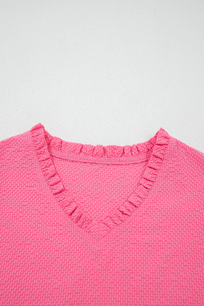 Sachet Pink Frilled V Neck Flower Embroidered Puff Sleeve Textured Blouse