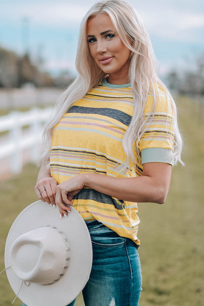 Pink Multicolor Stripes Crew Neck T Shirt