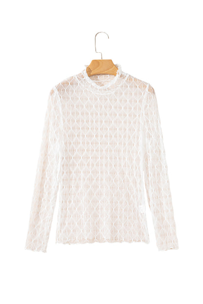 Coffee Sheer Mesh Patterned Lettuce Trim Slim Long Sleeve Top