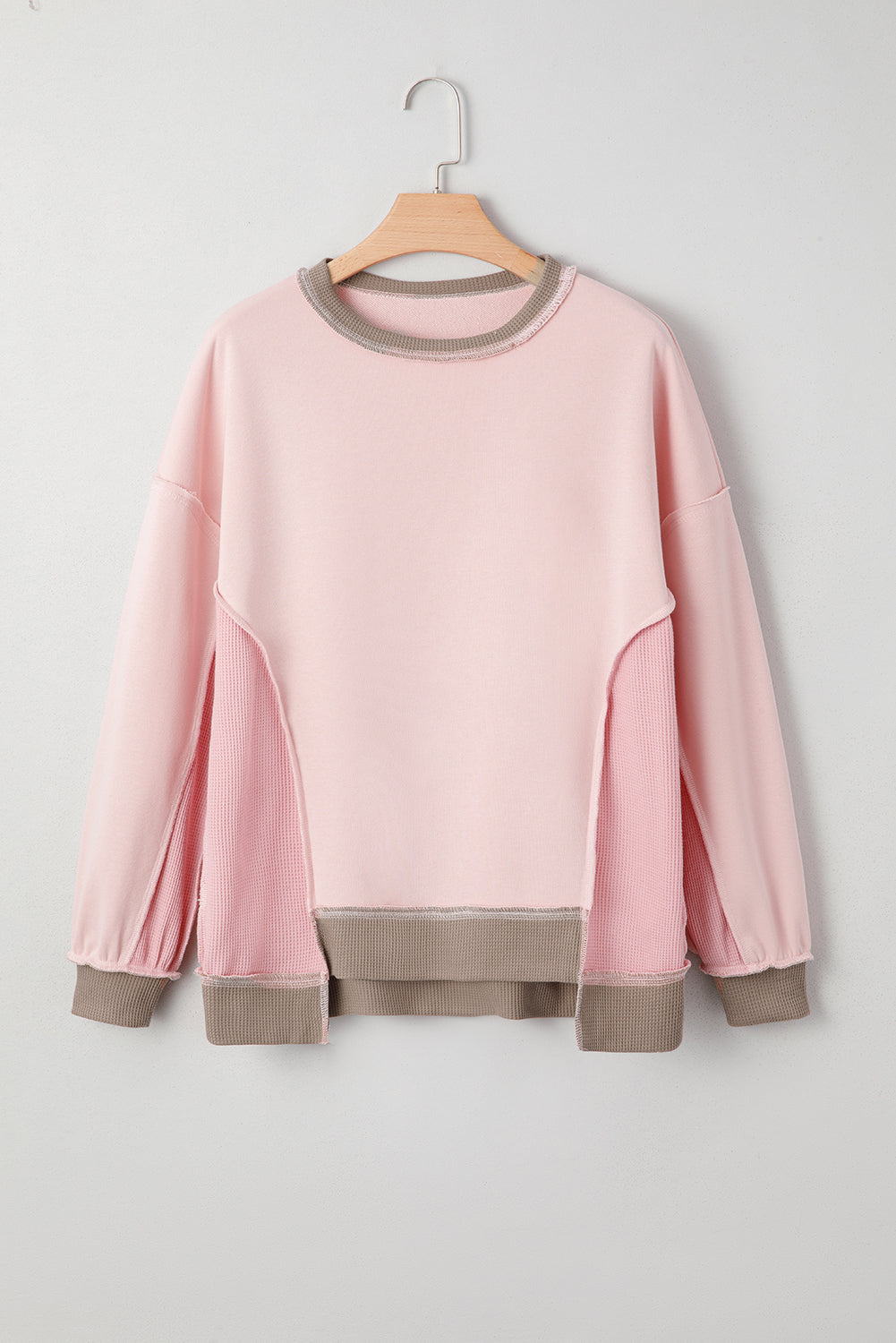 Smoke Green Color Block Mix Texture Waffle Patchwork Oversize Sweatshirt
