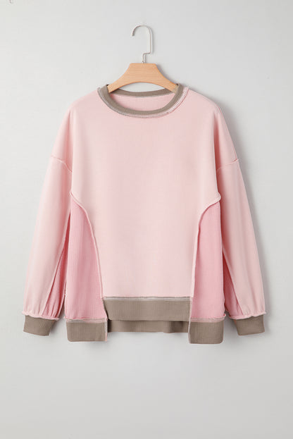 Smoke Green Color Block Mix Texture Waffle Patchwork Oversize Sweatshirt
