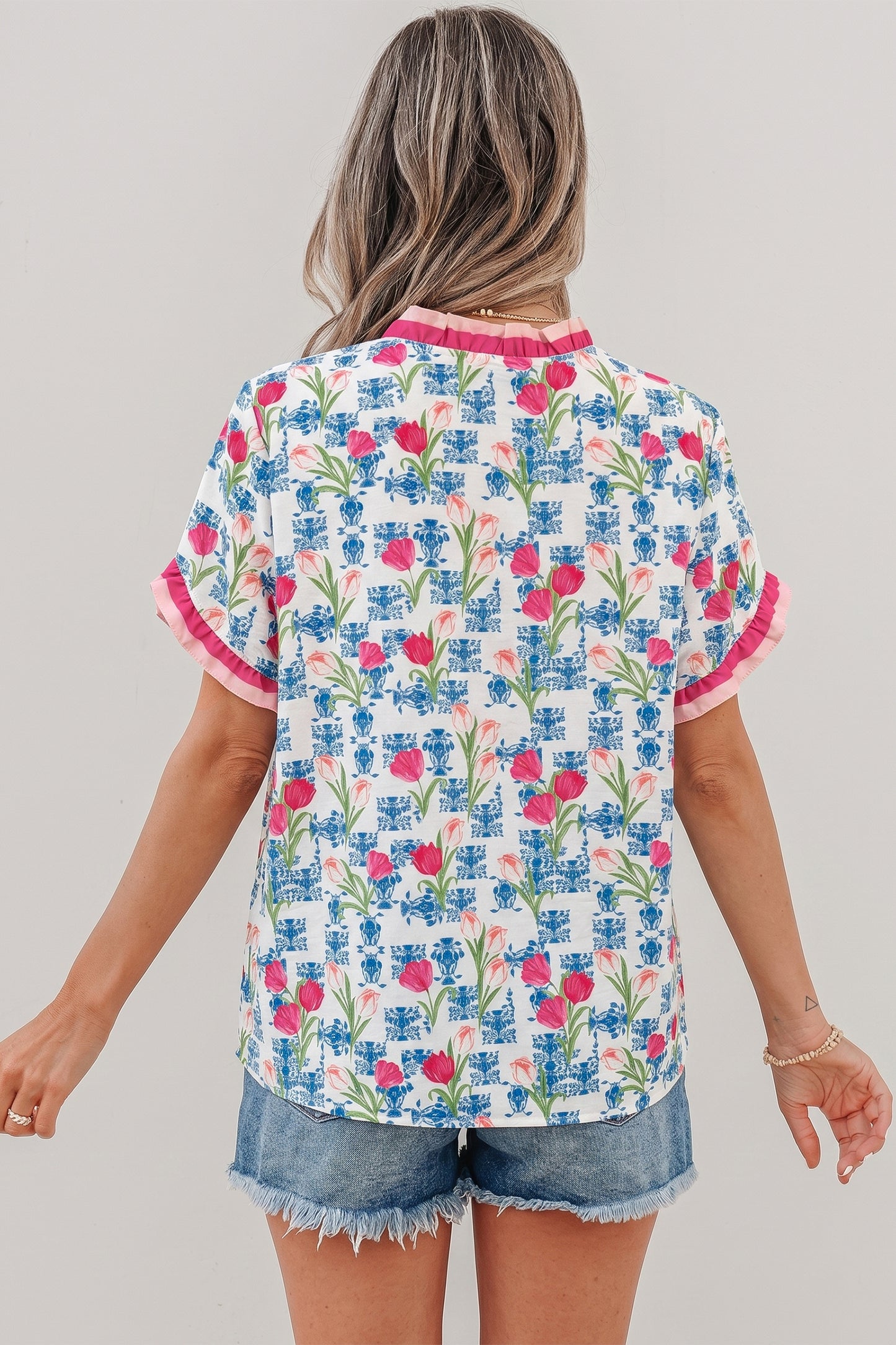 Rose Floral Print Ruffle V-Neck Short Sleeve Loose Tunic Shirt