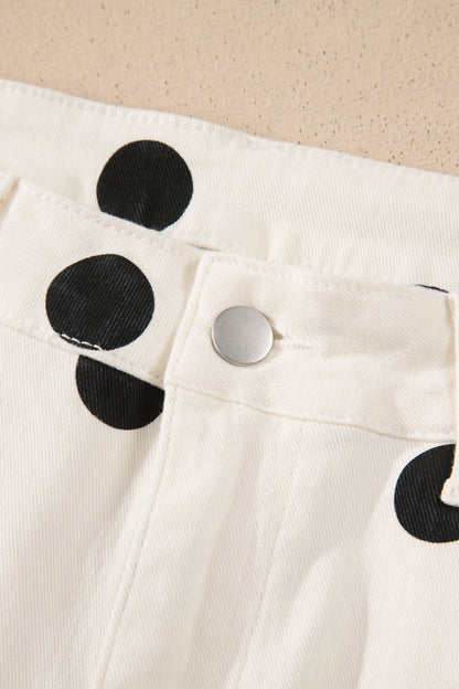 White Polka Dot Print Wide Leg Ankle-Length Jeans