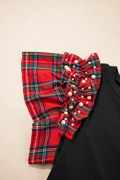 Racing Red Plaid Pearl Ruffle Short Sleeve Loose T Shirt