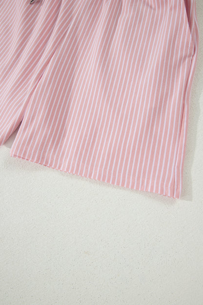 Khaki Stripe Dolman Sleeve Polo Shirt and Drawstring Shorts Set