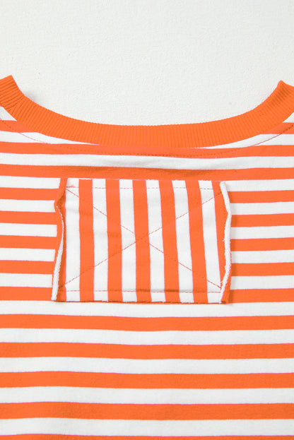 Red Stripe Exposed Seam Drop Shoulder Casual Pullover Top
