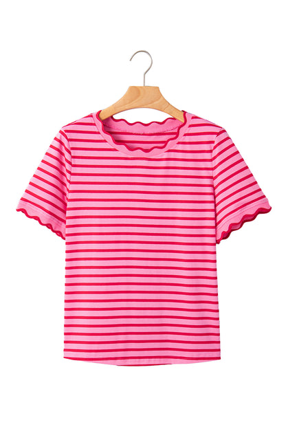 Green Stripe Scalloped Trim Round Neck T Shirt