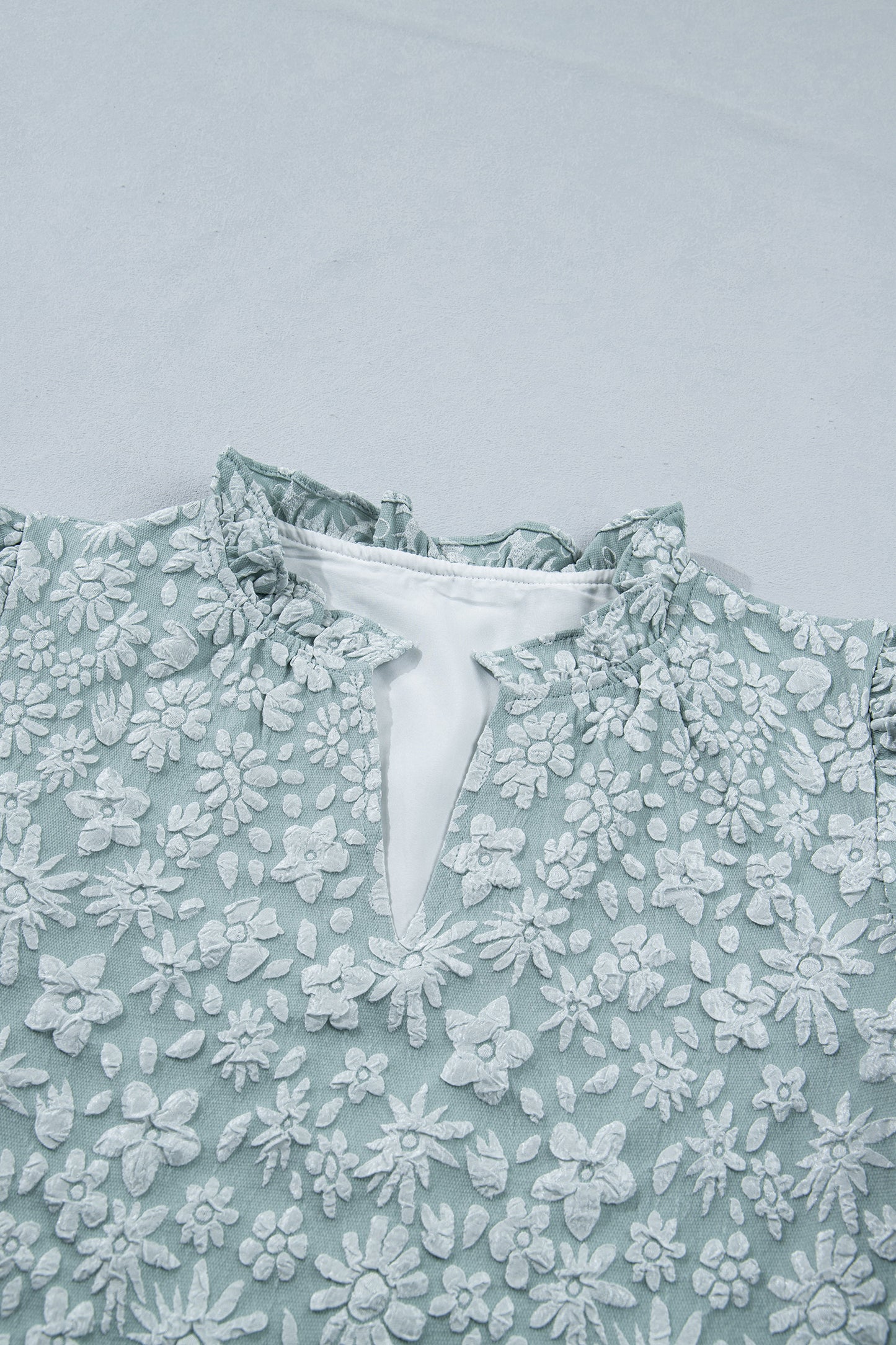 Iceland Blue Floral Textured Jacquard Puff Sleeve Blouse