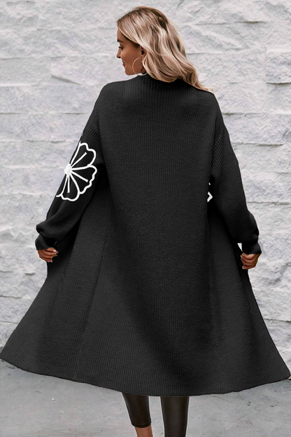 Beige Flower Embroidered Drop Shoulder Open Front Duster Cardigan