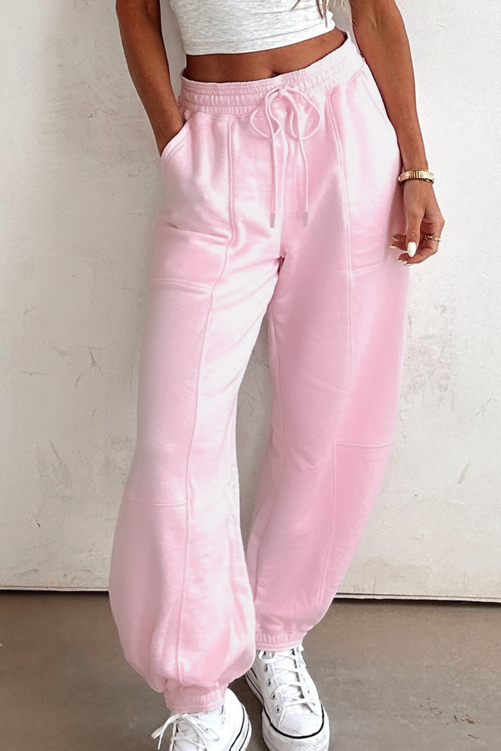 Lilac Drawstring Elastic Waistband Solid Color Jogger Pants