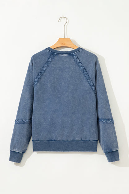Red Dahlia Lace Patchwork Detail Notched Neck Mineral Wash Baggy Sweatshirt