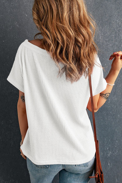 Black Waffle Knit Boat Neck Short Sleeve Top