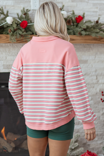 Red Stripe Buttoned V Neck Collared Drop Shoulder Top