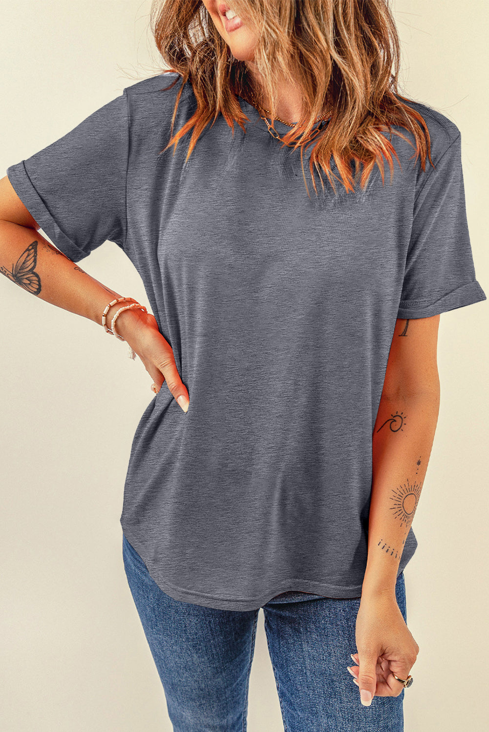 Red Casual Plain Crew Neck Tee