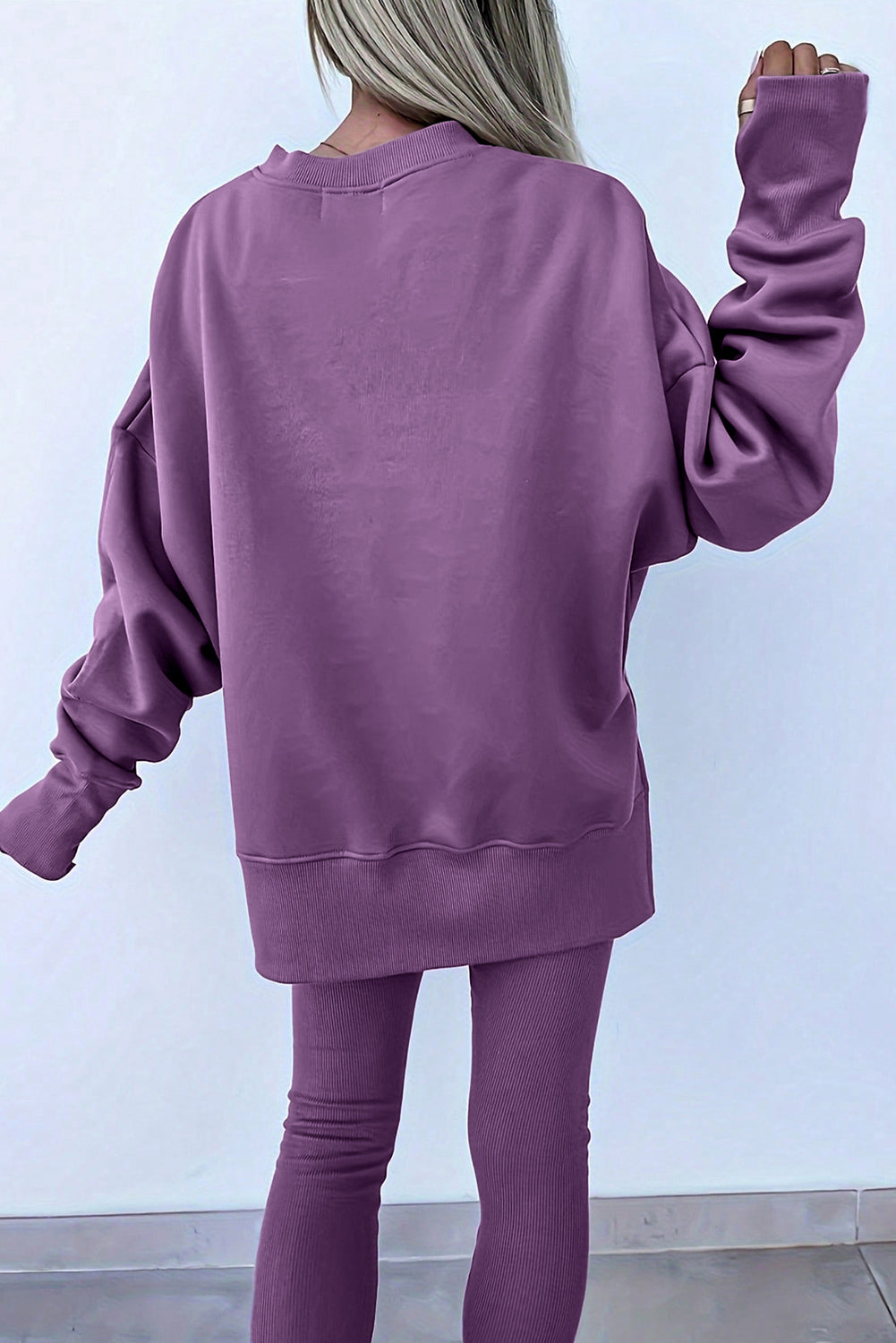 Green Bay Solid Color Oversize Slit Sweatshirt Ribbed Leggings 2pcs Set