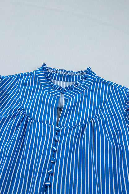 Blue Stripe Ruffled Short Puff Sleeve Button Front Blouse