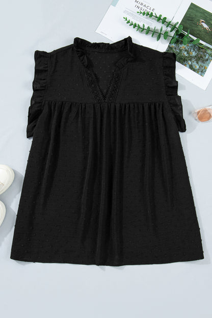 Black Plus Size Swiss Dot Ruffle Lace Trim V Neck Tank Top