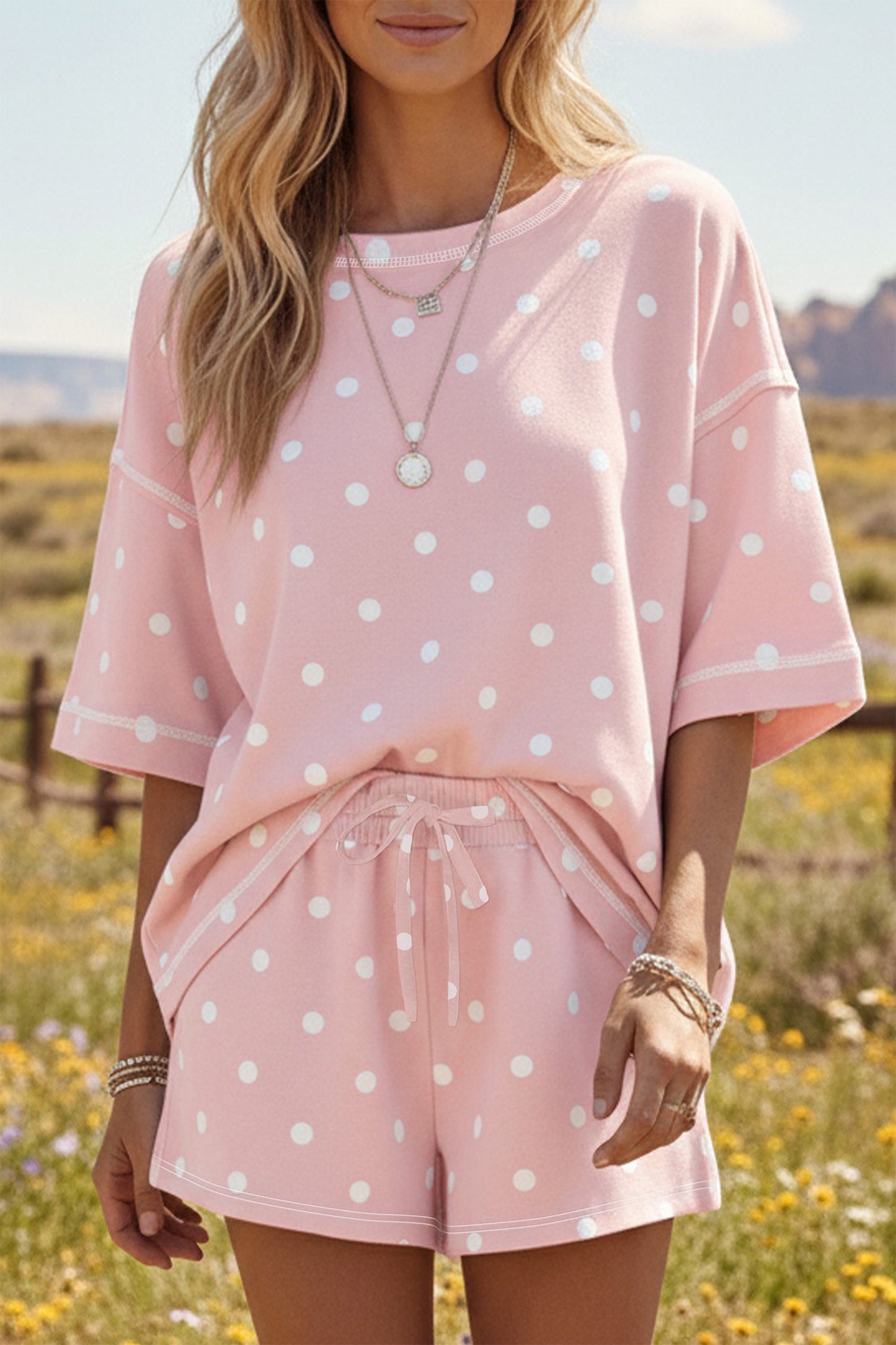 Black Exposed Seam Detail Polka Dot Loose Tee Drawstring Shorts Set