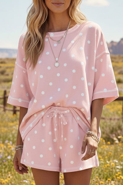 Black Exposed Seam Detail Polka Dot Loose Tee Drawstring Shorts Set