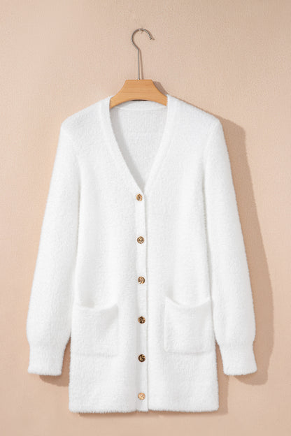 Smoke Gray Fuzzy Buttoned Front Midi Solid Cardigan