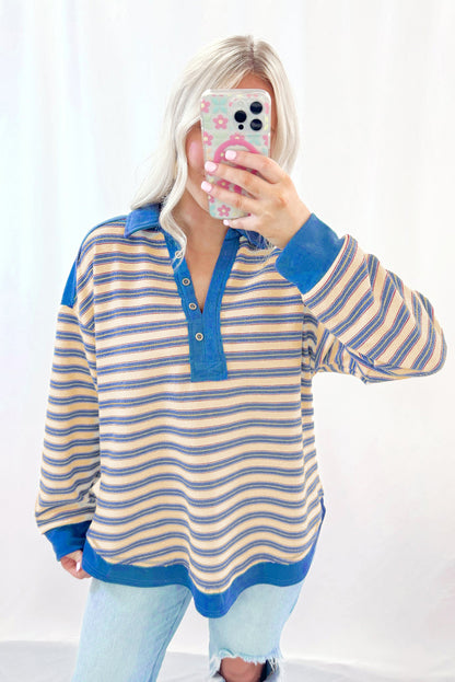 Red Stripe Buttoned V Neck Collared Drop Shoulder Top