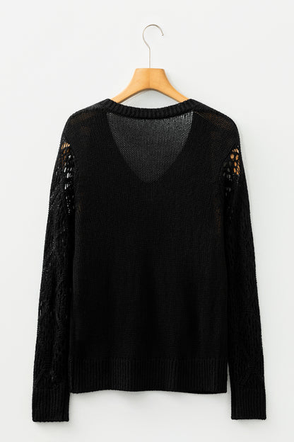 Beau Blue Solid V Neck Pointelle Knit Sleeve Patchwork Sweater