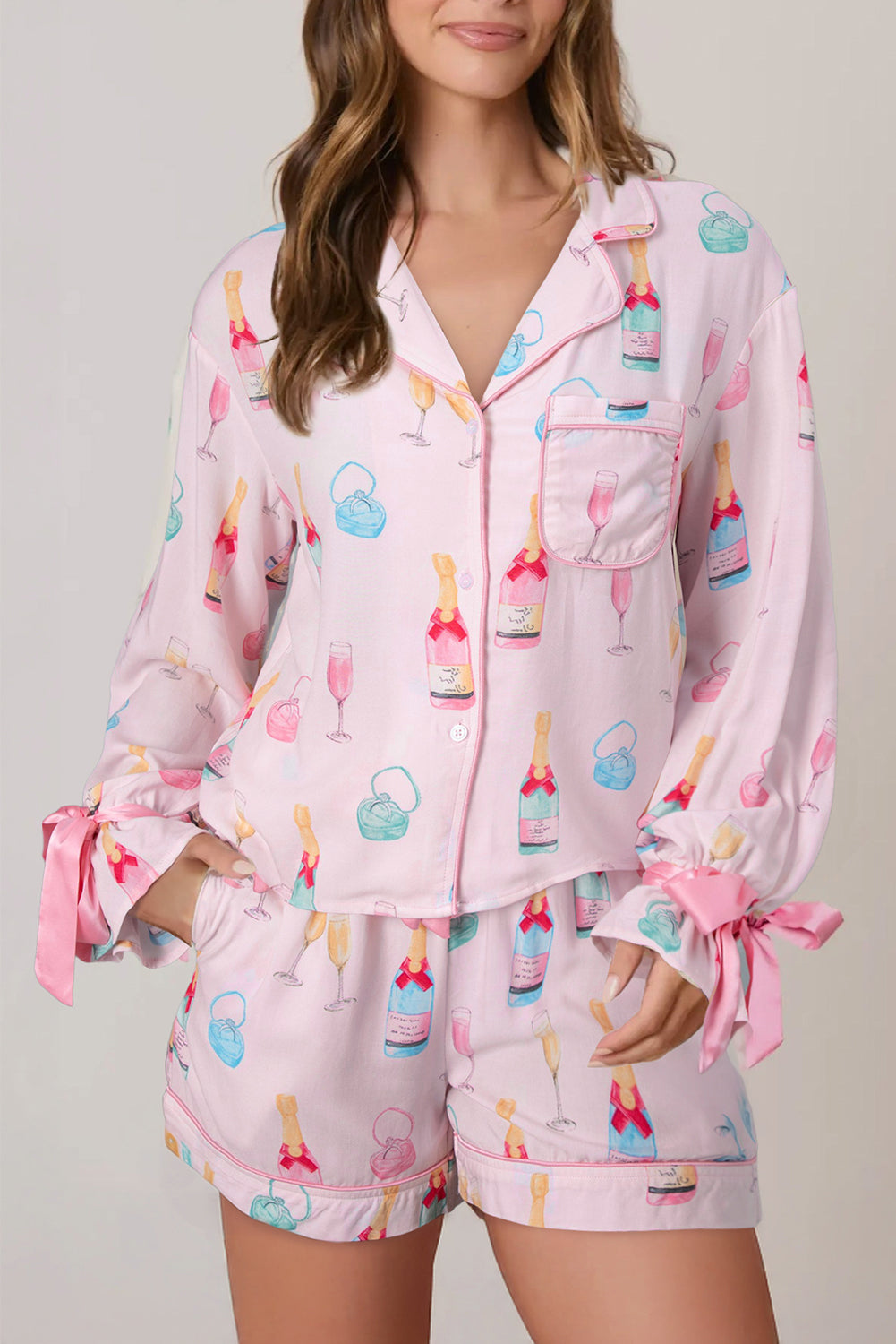 Color black Christmas Wine Glass Print Bow Knot Two Piece Pajama Set