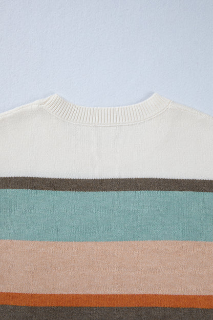 White Striped Color Block Knit Drop Shoulder Sweater