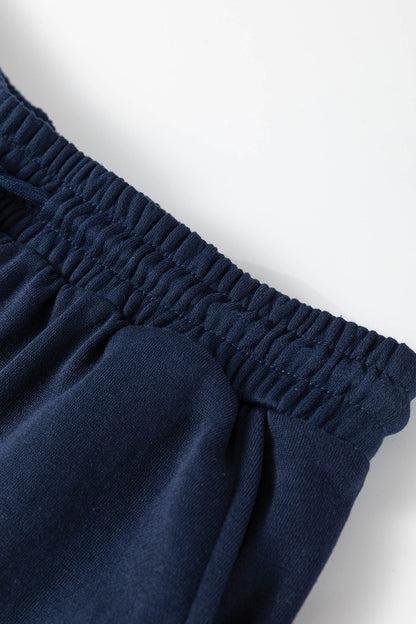 Navy Blue Varsity Striped Sleeve Drop Shoulder Sweatshirt and Short Set