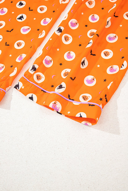 Orange Halloween Print Lapel Shirt Long 2pcs Pajama Set