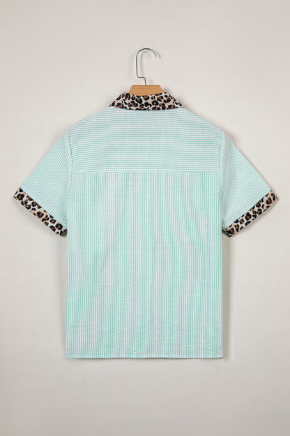 Green Stripe Leopard Contrast Collar Short Sleeve Shirt