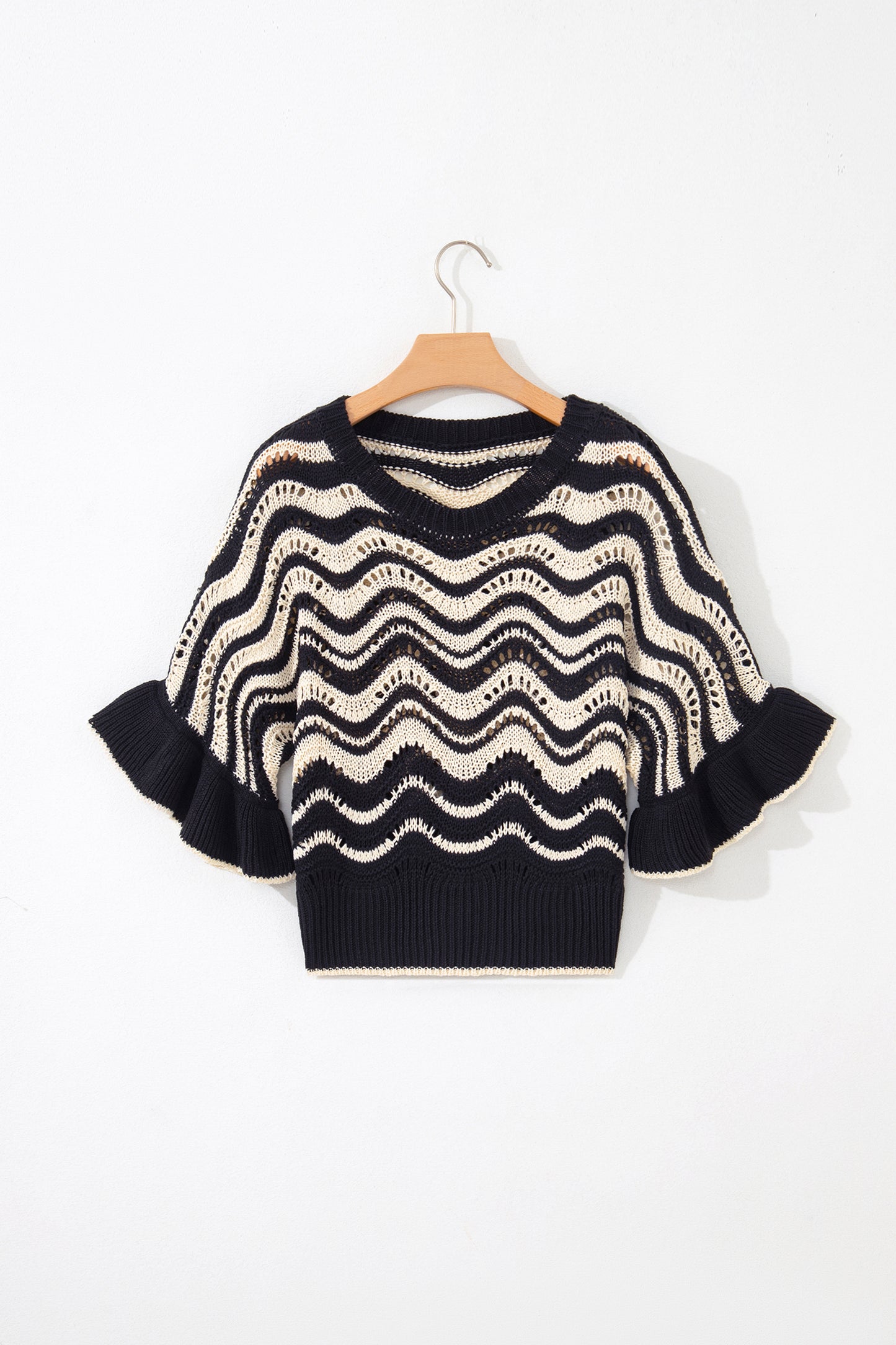 Beige Stripe Wavy Crochet Eyelet Detail Ruffle Half Sleeve Sweater