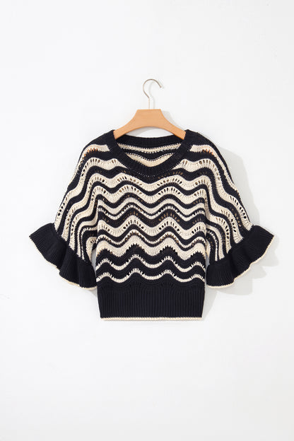 Beige Stripe Wavy Crochet Eyelet Detail Ruffle Half Sleeve Sweater