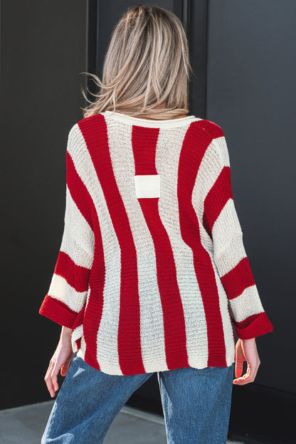 Red Stripe Colorblock V Neck Bracelet Sleeve Sweater