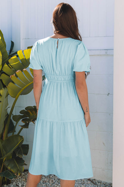 Pink Puff Sleeve Pleated High Waist Flowy Midi Dress